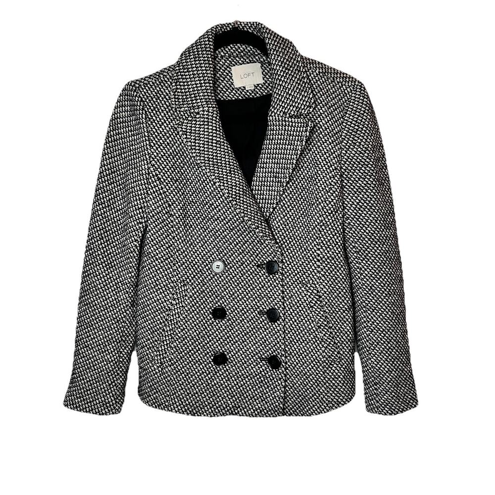 Ann Taylor Loft Pea Coat Small Black White Wool Blend Jacket Double Breasted